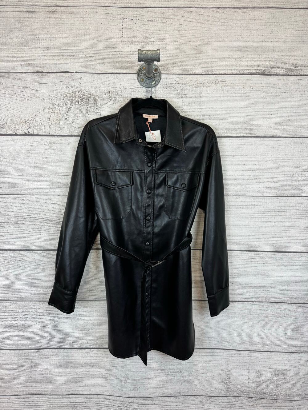Skies Are Blue Women's Black Faux Leather Belted Jacket Size Small